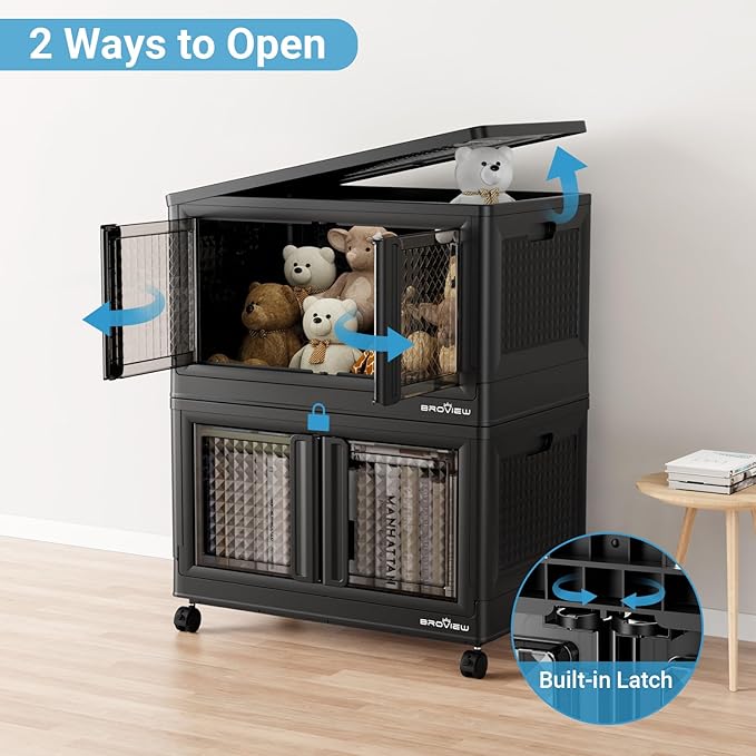 300Qt Stackable Storage Bins with Lids, 75Gal Closet Organizers and Storage Drawer, Plastic Collapsible Storage Bins with Doors, Heavy Duty Store Box Cabinet for Home Kitchen, 3Pack Black