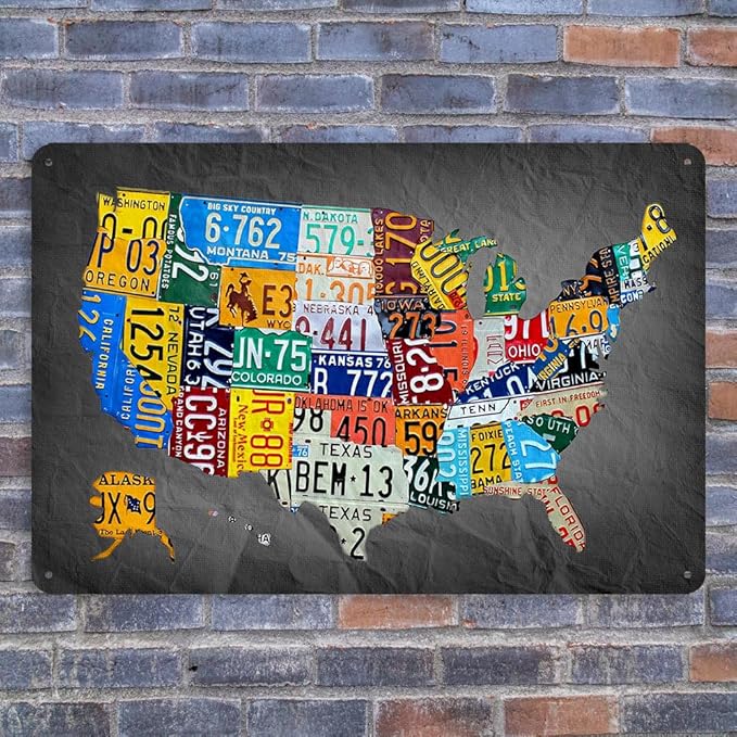 Funny Metal Tin Sign Vintage Usa Map License Plate Sign Garage Decor Map Poster License Plate Map Of The United States Usa Signs Garage Bar Home Office License Plate Decor