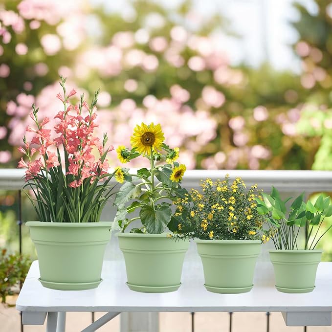 11 Inch Plastic-Flower-Pot-for-Indoor-Plants, 4 Pack Large Outdoor Planter Pot with Drainage Holes & Saucers, Resin Decorative Garden Pots Planters