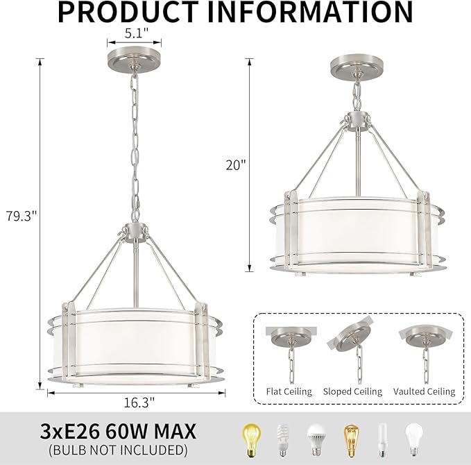 16.3''Drum Chandelier 3-Light Brushed Nickel Modern White Fabric Chandeliers Adjustable Drum Pendant Light for Dining Room Kitchen Island Hallway Living Bedroom