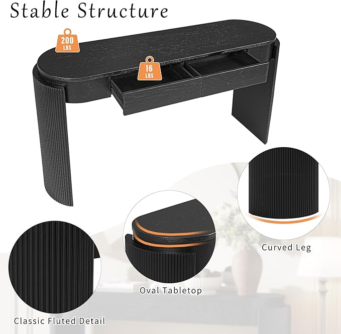 55" Sofa Table with Oval Top and 2 Drawers, Entryway Console Table with Fluted Design for Hallway,Foyer,Entry and Living Room (Fully Assembled-Black)