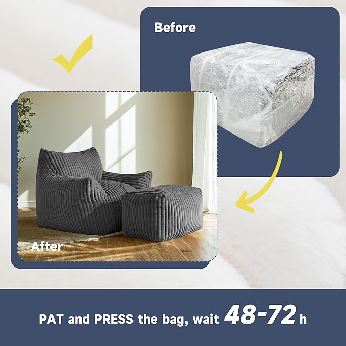 Giant Bean Bag Chairs for Adults, Oversized Chaise Lounge Chair Indoor with Memory Foam - Plush Boneless Lounger & Ottoman for Bedroom, Living Room, Gaming & Reading, Lazy Floor Sofa Chair, Gray