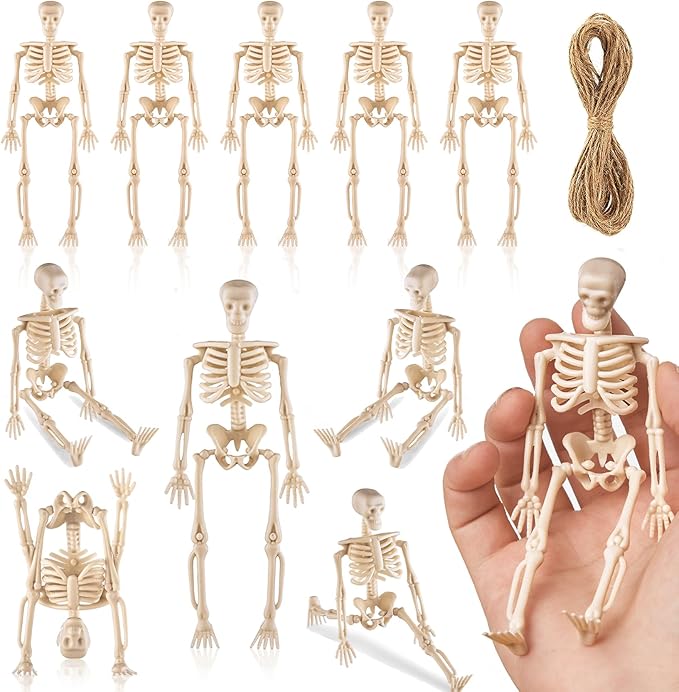 10 Pcs Halloween Mini Skeleton Figurine Decoration,6”Halloween posable Skeleton Decor,Small Plastic Skeleton Figure for Spooky Home Decor Haunted House Decorations Party Favors