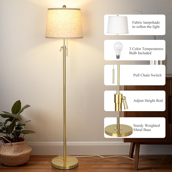 Gold Floor Lamp for Living Room 55-65" Adjustable Modern Brass Standing Lamp with Pull Chain Tall Pole Light with Beige Shade for Bedroom Reading Office Corner Nursery 9W LED Bulb Included 3 ColorTemp