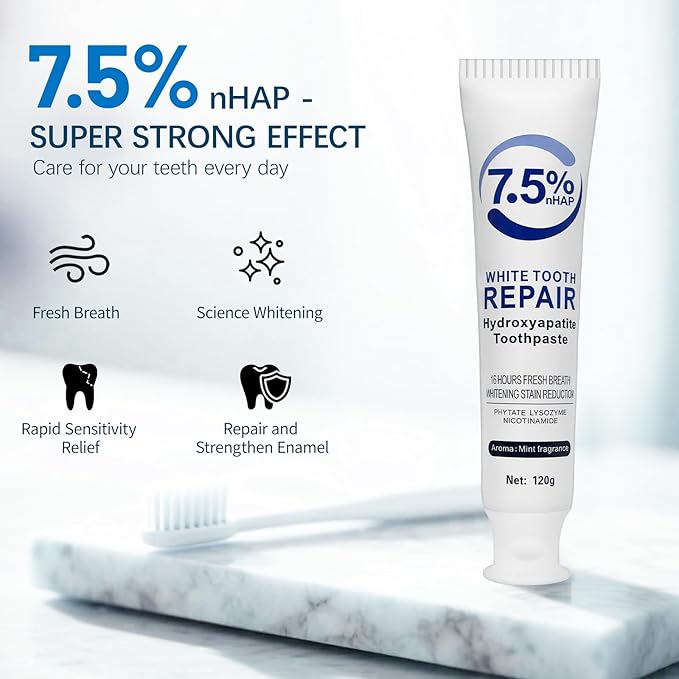 7.5% Nano Hydroxyapatite Toothpaste 2Packs (Fluoride-Free), Helps Remineralize, Protects Enamel, Strengthens Tooth, Dentist-Recommended for Sensitive Teeth & Kids, Refresh Mint Whitening Toothpaste
