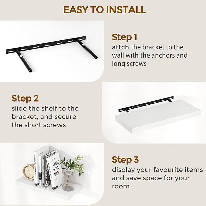 Fun Memories Floating Shelves 48 Inch Set of 2, White 48 x 9 Wall Shelves for Home Decor Storage, Rustic Wood Floating Shelf for Wall, 9 Inch Deep Shelving for Bathroom, Living Room, Kitchen