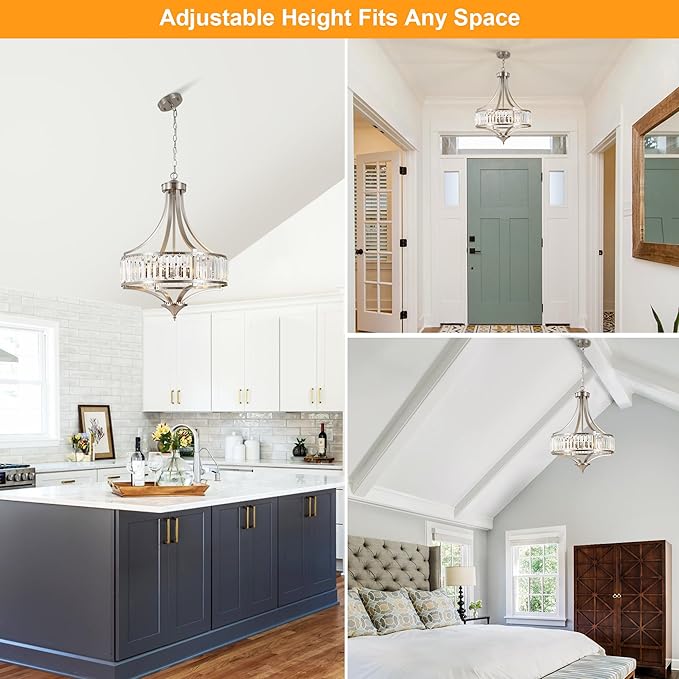 20" Brushed Nickel Chandeliers for Dining Room, 5-Light Modern Crystal Chandelier for Entryway, Hanging Round Light Fixture for Kitchen Island Living Room Bedroom Office Bathroom Staircase