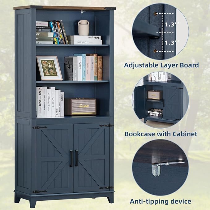 70in Tall Bookshelf 5 Tier Bookcase with Barn Doors and Adjustable Shelves, Blue Farmhouse Book Shelf with Storage Cabinet, Wood Freestanding Display Bookshelves for Bedroom, Living Room
