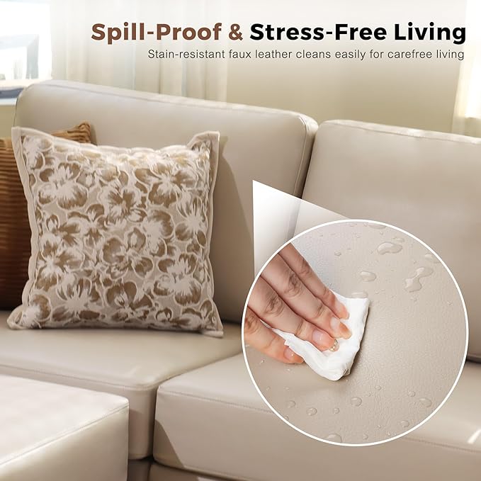 118.5" Faux Leather Modular Sectional Sofa, L Shaped Couch Set for Living Room, 5-Seater Comfy Cloud Couches with Movable Storage Ottoman,DIY Combination - Whitesand