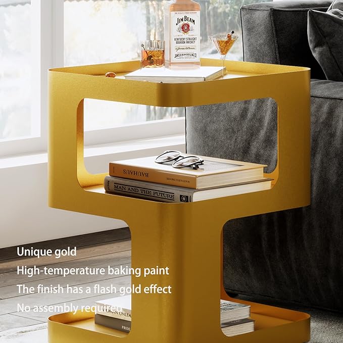 Gold Side Table,Modern end Table,Unique nightstand,Bedside Tables,Metal Accent Side Table with Storage for Living Room Bedroom Couch,no Assembly Required