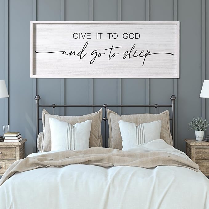 Give It to God and Go to Sleep Decorative Rustic Sign & Plaque Framed Wall Art for Couples, 40''×15'' Vintage Farmhouse Wooden Horizontal Wall Decor Above Bed, Cottagecore Wedding Gift for Bedroom