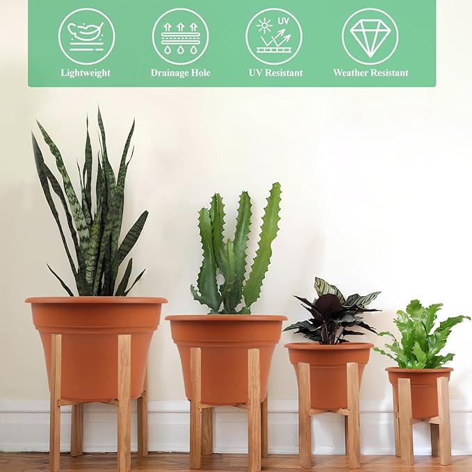 13 Inch Plastic-Flower-Pot-for-Indoor-Plants, 4 Pack Large Outdoor Planter Pot with Drainage Holes & Saucers, Resin Decorative Garden Pots Planters