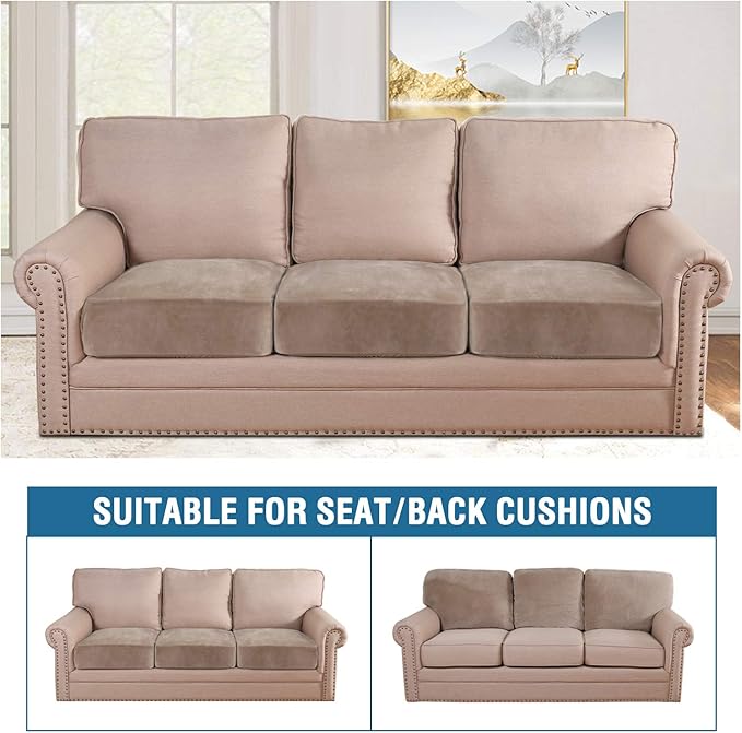 H.VERSAILTEX Velvet Stretch Couch Cushion Cover Plush Cushion Slipcover for Chair Loveseat Sofa Cushion Furniture Protector Seat Cushion Sofa Cover (3 Piece Sofa Cushion Covers, Taupe)