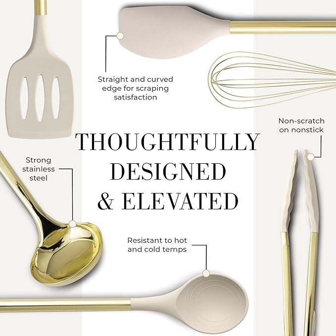 7-Piece Beige & Gold Kitchen Utensils Set – Non-Toxic Silicone & Stainless Steel Tools for Cooking, Serving, & Hosting – Ideal for Nonstick Cookware & Modern Kitchens, with Gold Utensil Holder