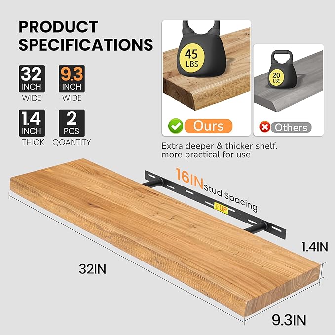 Fun Memories Floating Shelves for Wall, Live Edge 32" W x 9.3" D x 1.5" H Wood Floating Shelf, Set of 2 with Invisible Heavy-Duty Metal Bracket, Deep Floating Shelf for Living Room Kitchen, Natural