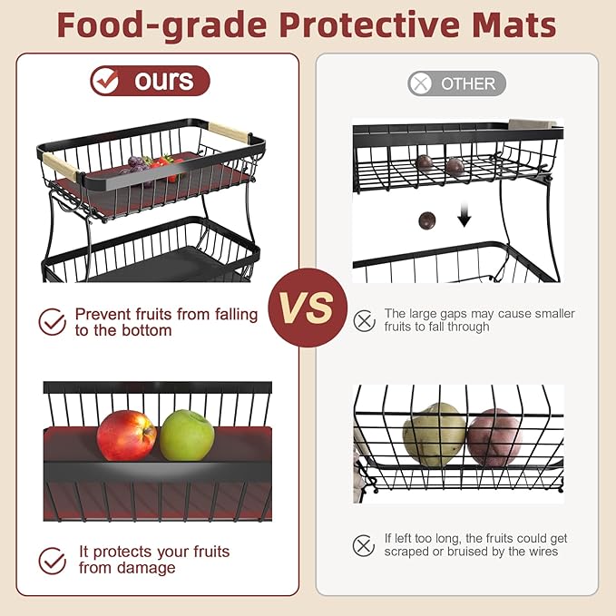 2 Tier Fruit Basket for Kitchen Counter with 2 Mobile Banana Hangers, 2025 Pro Detachable Metal Fruit Bowl with Wooden Handle, Fruit Holder for Bread Snack Veggies with Protective Mats