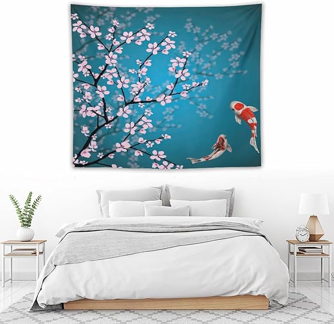 Japanese Koi Fish Tapestry, Cherry Blossoms Asian Oriental Green Teal Flower Branch Koi Fish Carp Tapestries Wall Hanging for Bedroom Living Room Office Decor 60"x50"