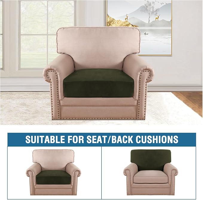 H.VERSAILTEX Velvet Stretch Couch Cushion Cover Plush Cushion Slipcover for Chair Cushion Furniture Protector Seat Cushion Sofa Cover (1 Piece Armchair Cushion Covers, Olive)