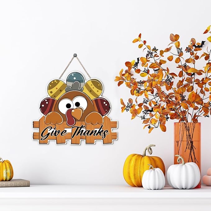 Give Thanks Sign Turkey Front Door Decor Thanksgiving Day Wood Door Hanger, Fall Wooden Thankful Wreath Hanging Decoration for Outdoor Outside Porch, Housewarming Gift