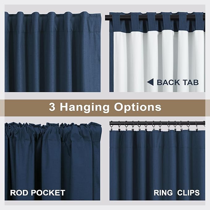 54 Inch Length Curtains for Bedroom Men Room Decor Darkening Back Tab Pleated Blackout Linen Insulated Curtain for Living Room Bathroom Wide Dark Navy Midnight Blue Drapes for Teen Boy 54 Long 2 Panel