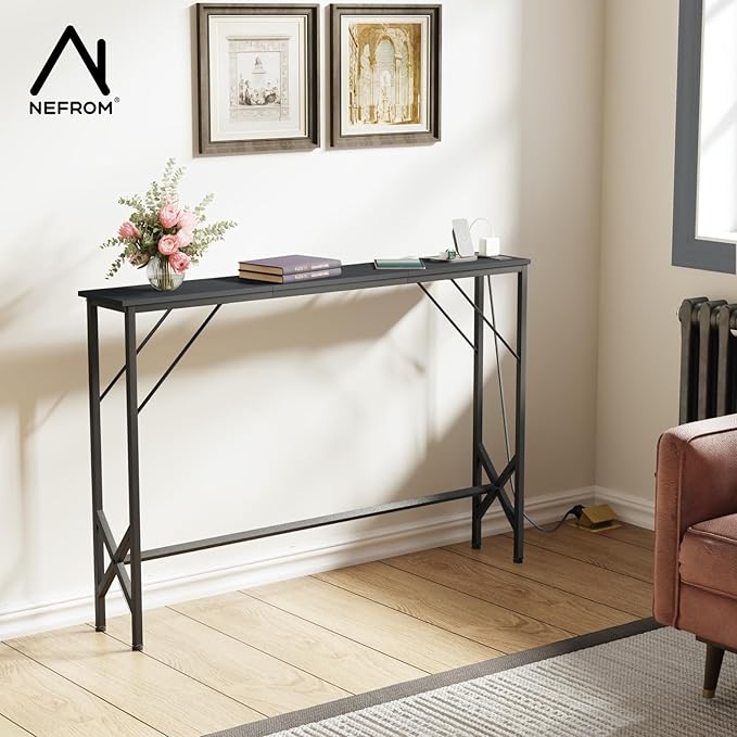 47.2'' Console Table, Skinny Entryway Table with Fast-Charging Station, Narrow Long Sofa Table, Behind Slim Couch Table for Entrance, Hallway, Living Room Decor ST-BK120-1