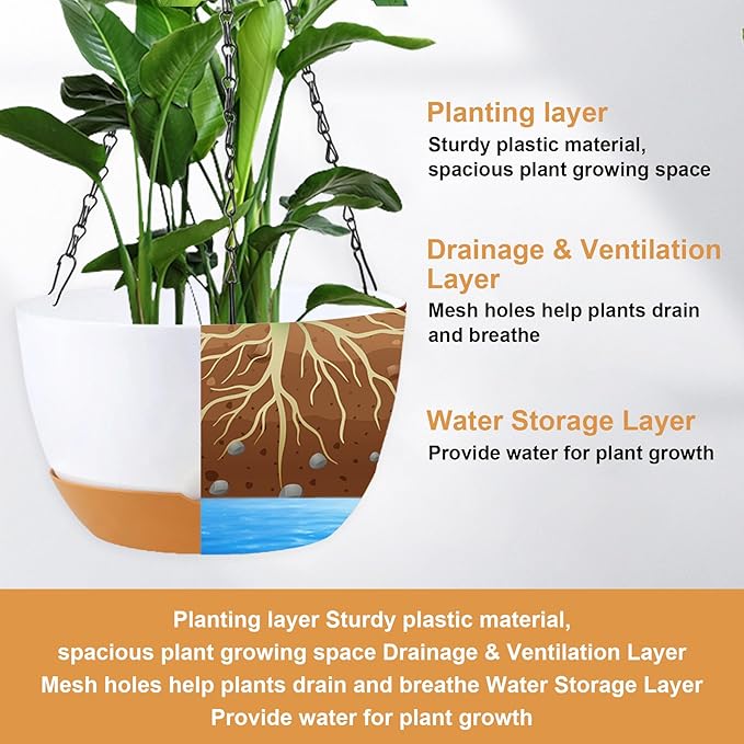 10 inch Hanging Planters Self Watering Pots for Indoor Plants, 3 Pack Plastic Hanging Basket with Removable Tray for Home Garden Porch Balcony Patio Decor (White)