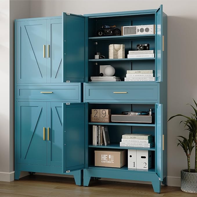 71 "Farmhouse Metal Filing Cabinet with a Drawer and 4 Adjustable Shelves, with 4 Large barn Door White Kitchen Cabinets, Metal Food Cabinets for Home, Kitchen, Dining/Living Room (Peacock Blue)