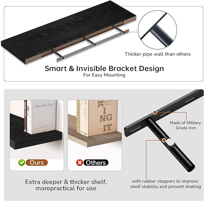 Fun Memories Floating Shelves - 12 Inch Rustic Wooden Wall Shelves - Extra Deeper & Thicker Wall Mounted Storage Shelf for Living Room, Kitchen, Farmhouse - 48" W x 12" D x 1.8" H - Rustic Black