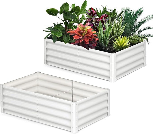 Galvanized Raised Garden Bed Outdoor, 2 Pcs 6x3x1FT Outdoor Large Planter Raised Beds Open Base with Safety Edge and Glove for Vegetables Flowers Ground Planter, White