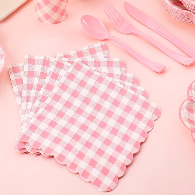 350 Pcs Pink Gingham Plates and Napkins Party Supplies - Pink and White Checkered Plates Sets Serve 50 Guests - Scalloped Gingham Paper Plate for Birthday Wedding Picnic Party Decorations