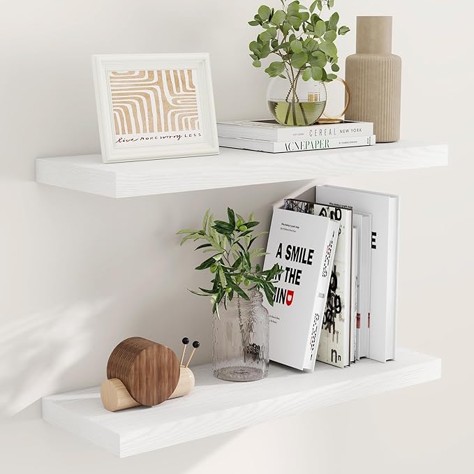 Fun Memories White Floating Shelves 32 Inch Long, 9 Inch Deep Floating Bookshelf Wall Mounted, Farmhouse Wood Shelves White for Bathroom, Living Room, Bedroom, Home Decor Deep Shelf for Wall Set of 2