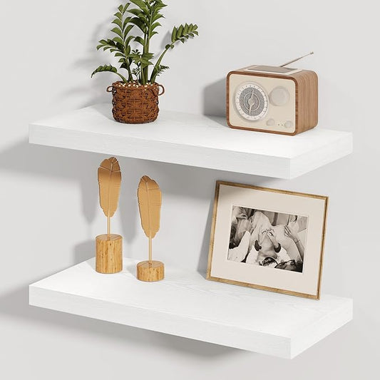 Fun Memories White Floating Shelves, 8 Inch Deep Wall Shelves Set of 2, Rustic Deep Shelves for Wall Storage, 24 x 8 Floating Shelves, 8" Deep White Shelves for Bedroom, Living Room, Kitchen