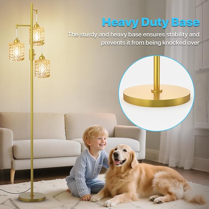 Gold Floor Lamp for Living Room Bedroom, 3-Light Vintage Standing Lamp Stained Glass, Mid Century Modern Tall Floor Lights, Amber Glass Shade with Golden Base