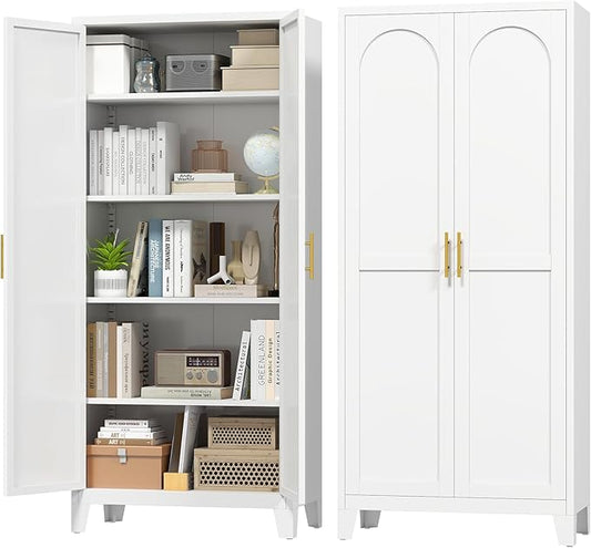 70.87" H Metal Kitchen Pantry Cabinet, Freestanding Cupboard with 2 Doors and 4 Adjustable Shelves, Tall Metal Storage Cabinet for Kitchen, Bathroom, Dinning Room or Laundry Room （White）