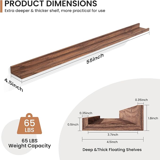Fun Memories Picture Ledge Shelves Set of 2, 55 Inch Rustic Wall Mounted Floating Shelves with Lip for Home Storage and Décor in Bathroom, Kitchen, Nursery, Bedroom, Living Room, Walnut