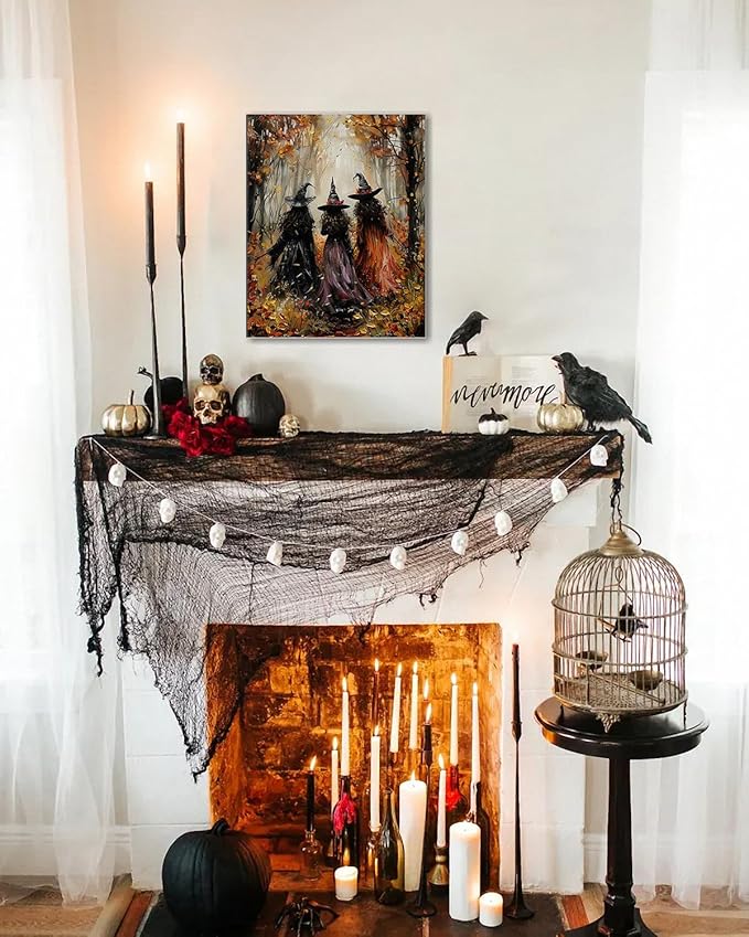 Halloween Canvas Wall Art, Vintage Three Witches Poster, Gothic Dark Academia Wall Decor, Spooky Halloween Decor for Living Room, Bedroom & Bathroom, Framed Fall Decorations Indoor