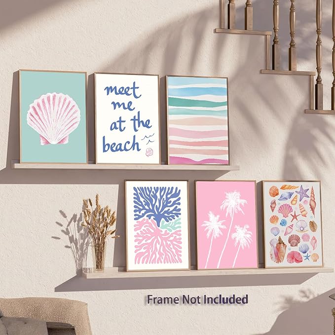 6 Pcs Coastal Beachy Wall Art Tropical Summer Shell Ocean Paintings Prints Posters Trendy Pink Preppy Palm Tree Canvas Wall Decor Aesthetic for Bedroom Living Room Dorm Apartment 8x10inch Unframed