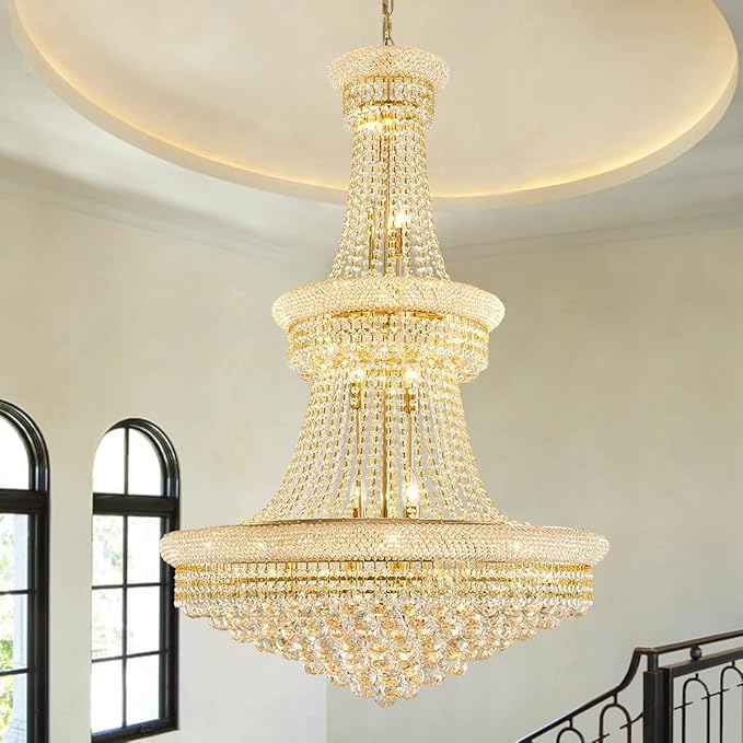 19-Lights High Ceiling Chandelier Modern Gold Crystal Chandeliers Large Foyer Chandelier Fixtures for Staircase Living Room Hallway Entryway (H47 x W31.5)