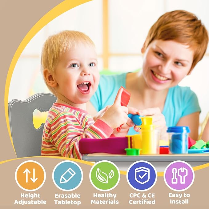 FUNLIO Kids Table and 4 Chairs Set for Ages 3-8, Height Adjustable Toddler Table and Chair Set, Easy to Wipe Arts & Crafts Table, for Classrooms/Daycares/Homes, CPC & CE Approved (5-Piece Set) - Gray