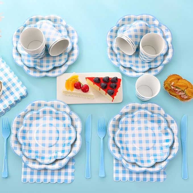 350 Pcs Blue Gingham Plates and Napkins Party Supplies - Blue and White Checkered Plates Sets Serve 50 Guests - Scalloped Gingham Paper Plate for Birthday Dinner Wedding Baby Shower Party Decorations