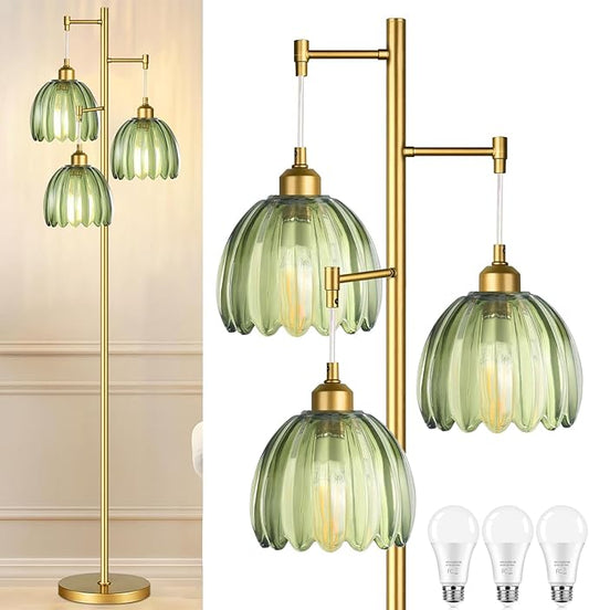 Gold Floor Lamp for Living Room,Bedroom,Mid Century Modern Standing Lamp Brass Tree 3 Light Tall Floor Lamps Vintage Retro Floor Lights Glass Green Flower Lamp Shade Farmhouse Boho Bohemian
