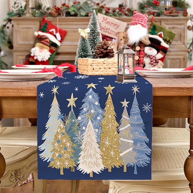 GEEORY Christmas Table Runner 13x60 Inch, Xmas Trees Snowflakes Holiday Decorative Farmhouse Table Decoration for Kitchen Dinning, Indoor Outdoor Dinner Party Decor (Blue) GT151-60