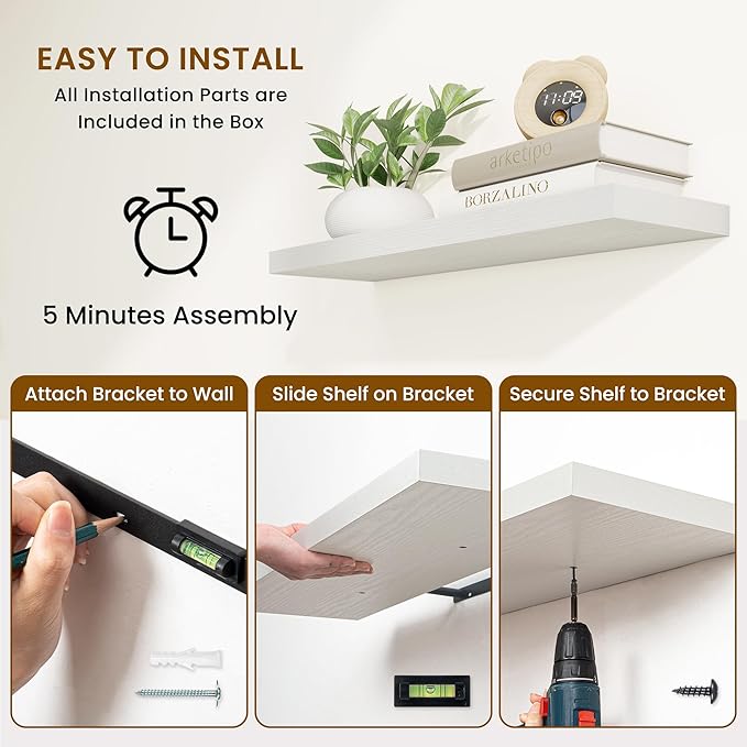 Fun Memories 55 Inch Fireplace Mantel Shelf -Long Floating Shelves, Deep Wall Mounted Farmhouse Display Shelves with Invisible Heavy Duty Metal Bracket, White, 2 Pack