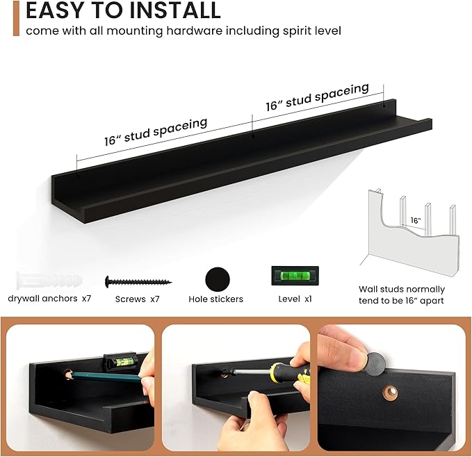 Fun Memories Picture Ledge Shelves Set of 2, 36 Inch Rustic Wall Mounted Floating Shelves with Lip for Home Storage and Décor in Bathroom, Kitchen, Nursery, Bedroom, Living Room, Black