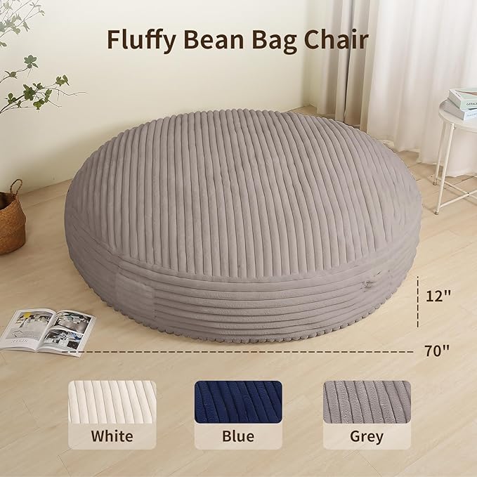 Memory Foam Bean Bag Chair, Bean Bag Bed with Fluffy Removable Cover, for Living Room Bedroom, 6FT Grey