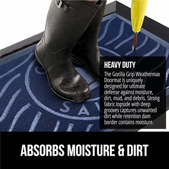 GORILLA GRIP 100% Waterproof All-Season WeatherMax Doormat 35x23, US Designed Natural Rubber, Stain and Fade Resistant, Low Profile Indoor Outdoor Door Mats, Easy Clean Patio Mat, Blue Sailing