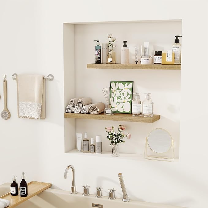 Fun Memories Floating Shelves for Wall, 24" Rustic Wood Deep Wall Mounted Shelves with Invisible Brackets for Decor & Storage, Floating Shelf for Living Room, Bathroom (Oak, Set of 2)