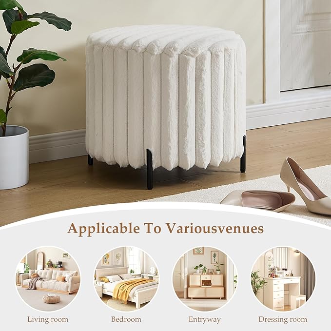 Furniliving Modern Round Ottoman, Large Size Bedroom Ottoman Footstool Round Ottomans Stool for Living Room, Bedroom, Makeup Room, Beige, Faux Fur