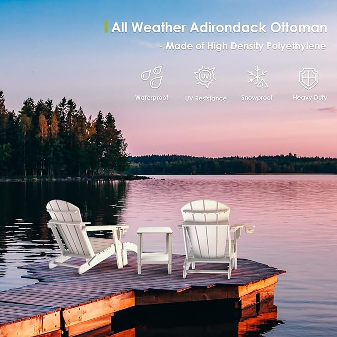 GREENVINES Adirondack-Ottoman | HDPE Plastic | Outdoor Footrest | All Weather | Foot Rest | Foot Stool | White | for Adirondack Chair | for Patio Backyard Pool