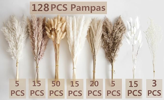 128 PCS Dried Pampas Grass Bouquet, Boho Table Decor, Bunny Tails Dried Flowers, Brown Pampas, White Pampas Grass for Weddings, Home Decor, Rustic Parties, and Baby Shower Decorations